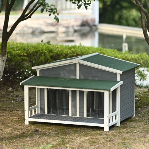 GO 47.2 Large Wooden Dog House Outdoor With Porch, 2 Doors, Gray And Green