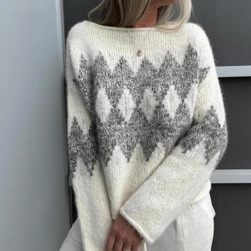 Casual Round Neck Jacquard Knitted Top