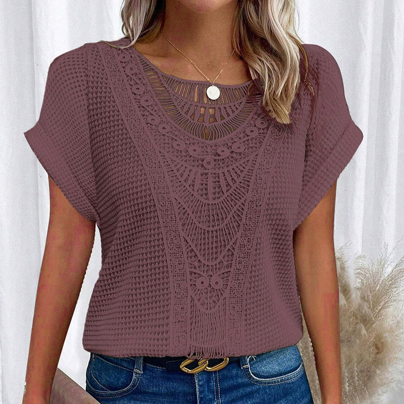 Women's Lace Splicing Crew Neck Top