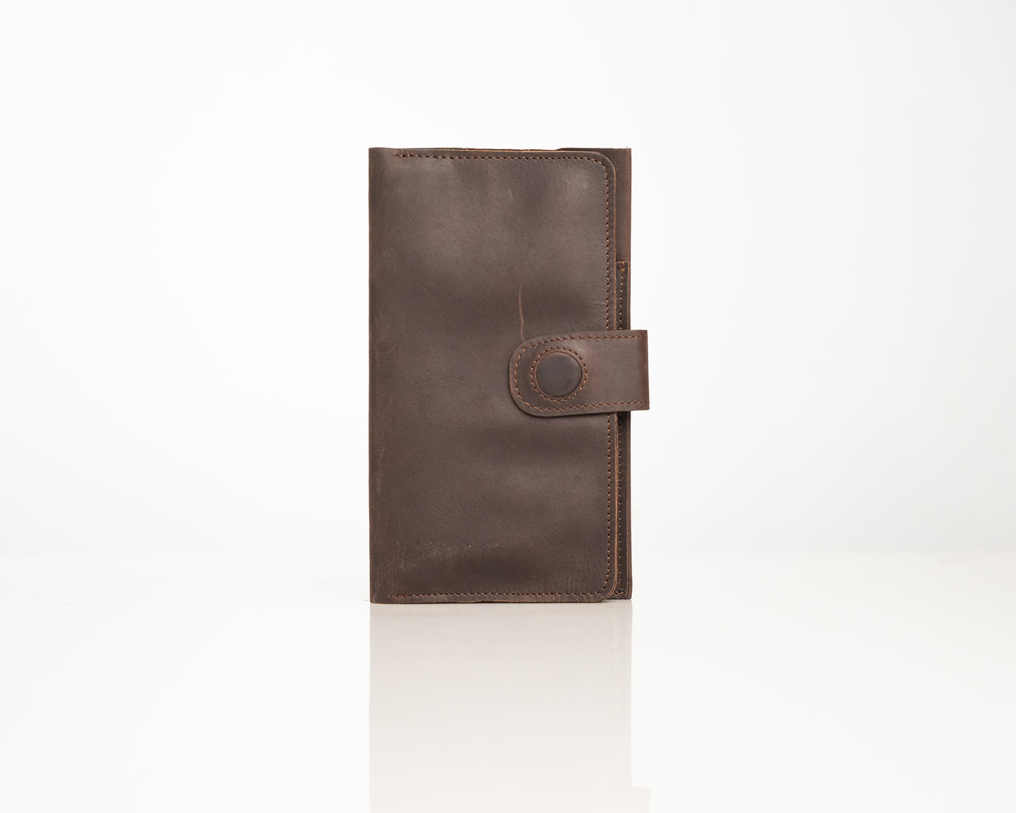 Premium Genuine Leather Long Wallet with Snap Closure - Classic Brown