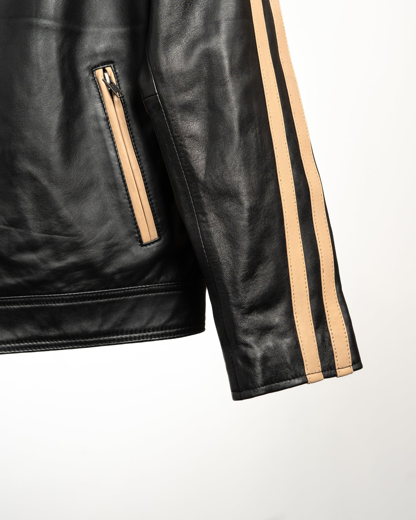 Men's Black Leather Jacket with Beige Racing Stripes – Sleek & Sporty