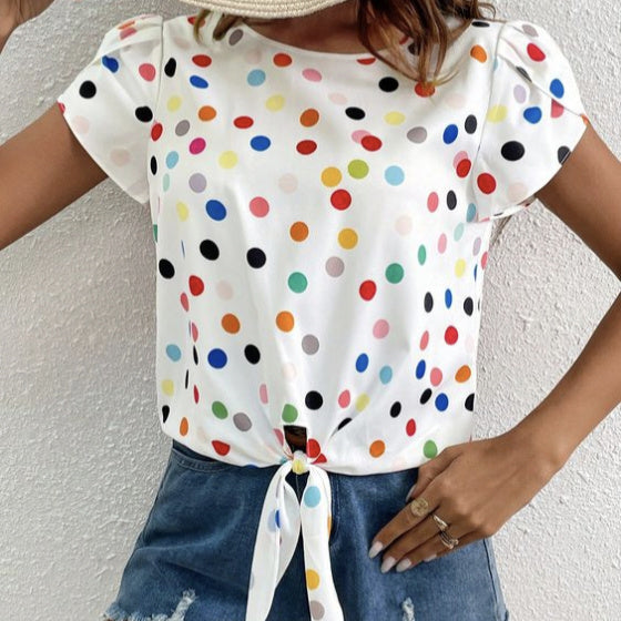 Contrasting Color Polka Dot Top