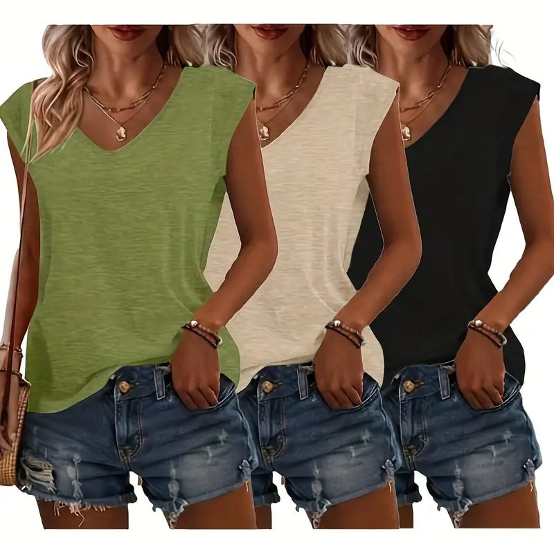 Women's Cap Sleeve V Neck Tops x3 Pieces