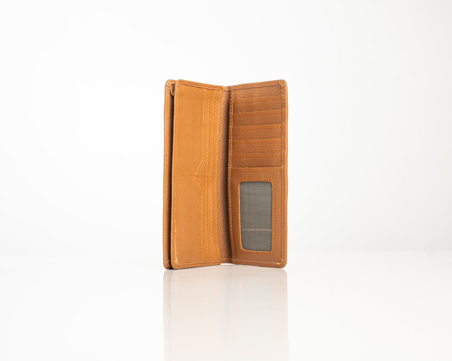 Premium Tan Leather Long Wallet with Multiple Card Slots & ID Window