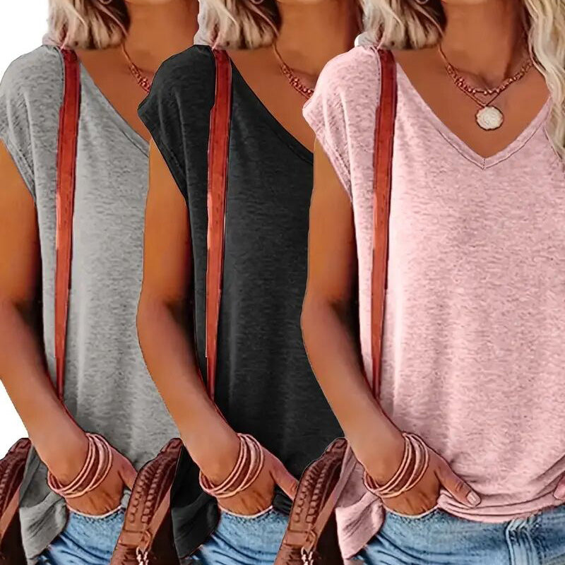 Women's Cap Sleeve V Neck Tops x3 Pieces
