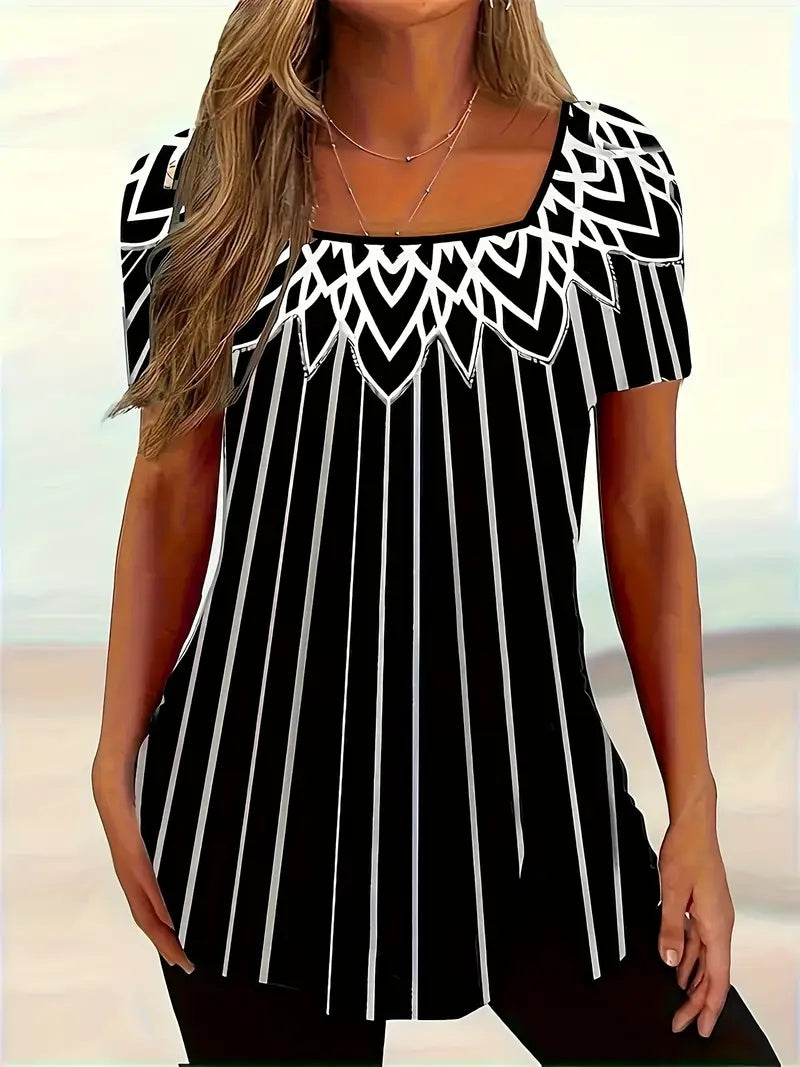 Printed Striped Short-sleeve Square Top