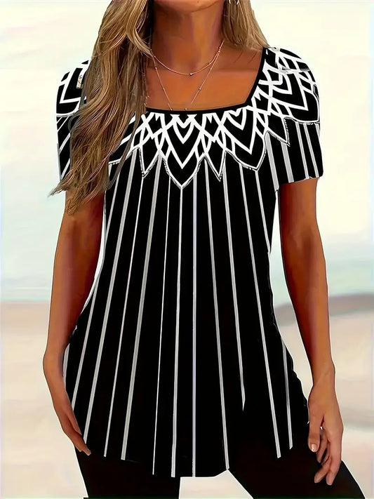 Printed Striped Short-sleeve Square Top