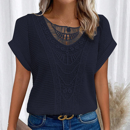 Women's Lace Splicing Crew Neck Top