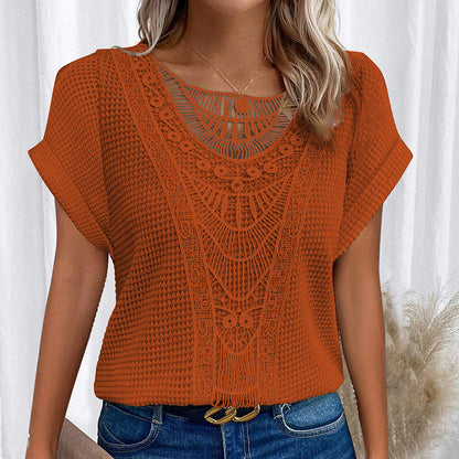 Women's Lace Splicing Crew Neck Top
