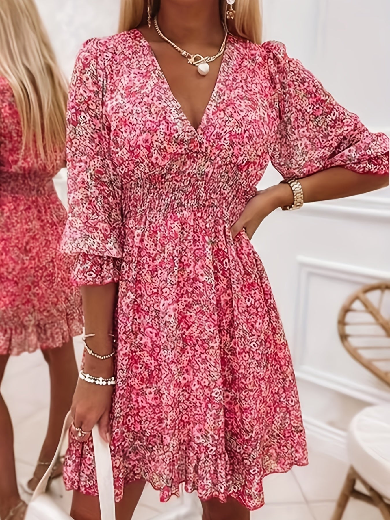 V-neck Printed Dress With Ruffled Sleeves