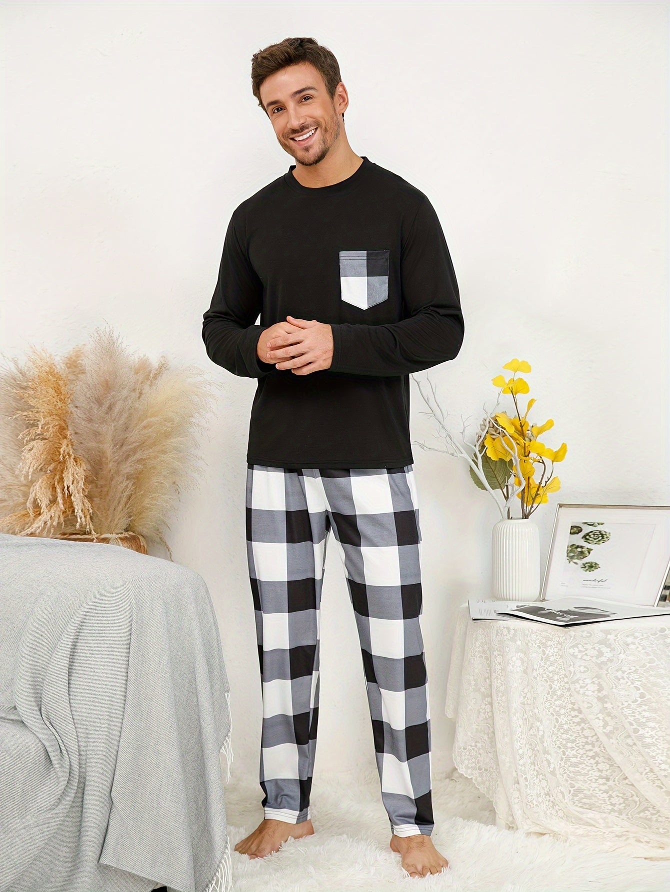 Polyester Long Sleeve Trousers Men's Pajama Set