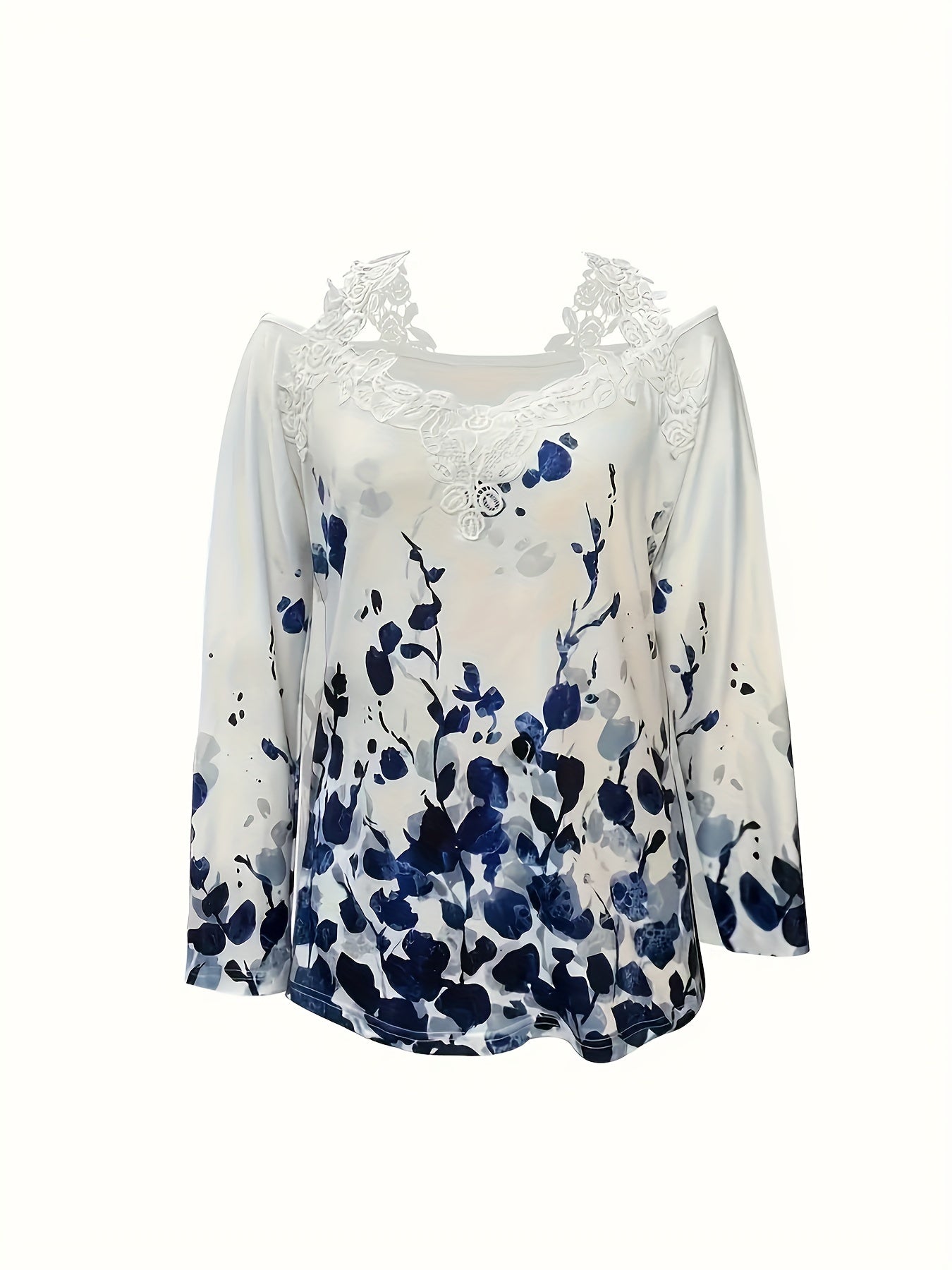 Plant Print Lace Trim Off-shoulder Top