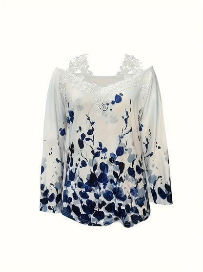 Plant Print Lace Trim Off-shoulder Top