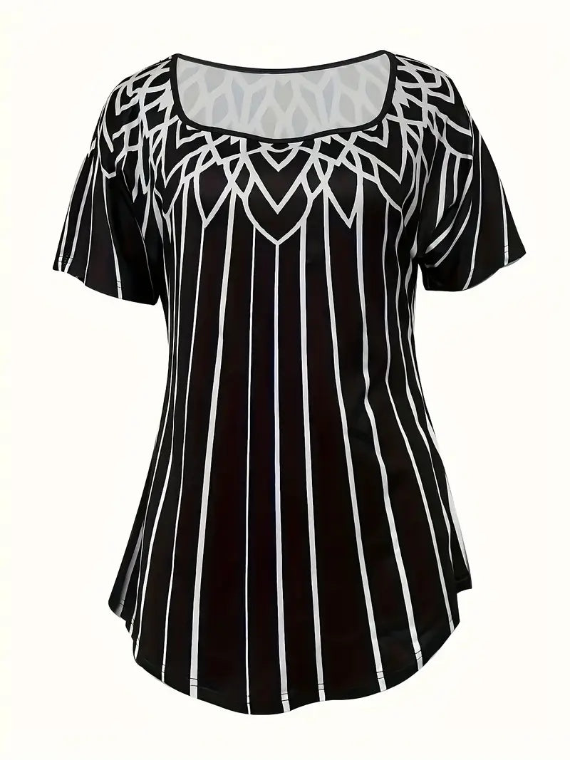 Printed Striped Short-sleeve Square Top