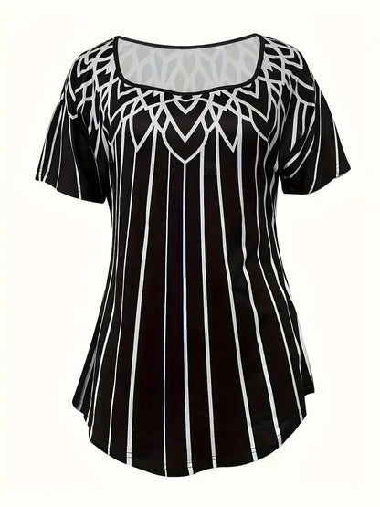 Printed Striped Short-sleeve Square Top