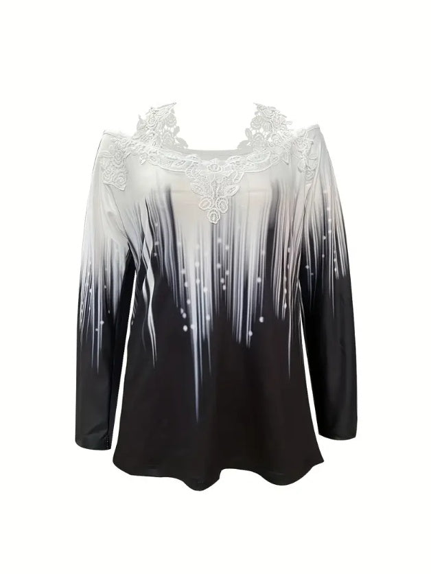 Gradient Color Printed Lace Edge Off-shoulder Top