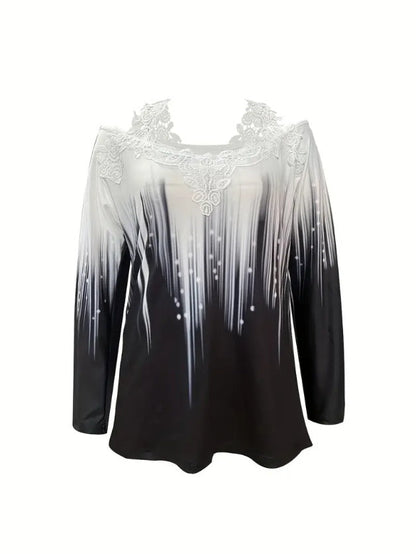 Gradient Color Printed Lace Edge Off-shoulder Top