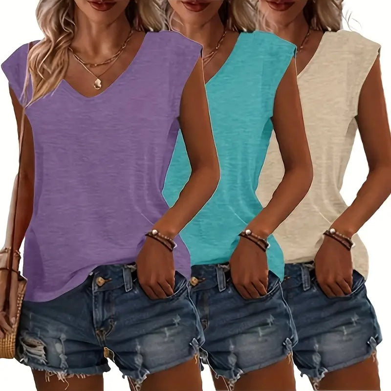 Women's Cap Sleeve V Neck Tops x3 Pieces