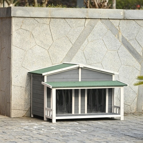 GO 47.2 Large Wooden Dog House Outdoor With Porch, 2 Doors, Gray And Green