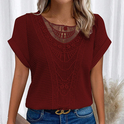 Women's Lace Splicing Crew Neck Top