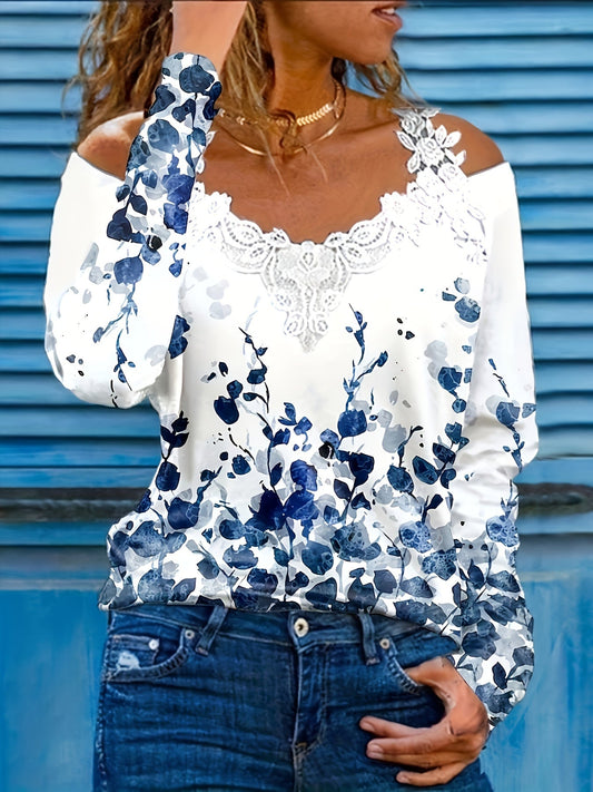 Plant Print Lace Trim Off-shoulder Top
