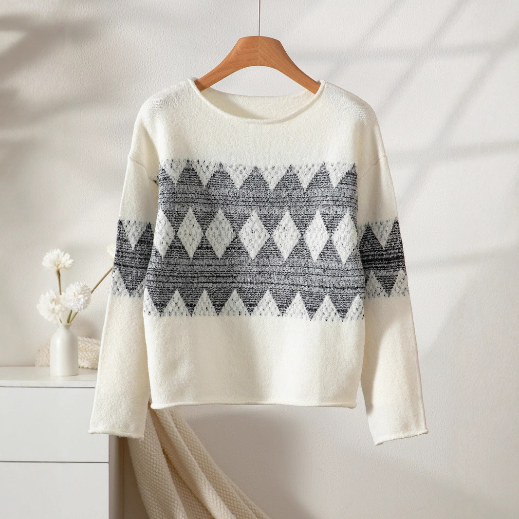 Casual Round Neck Jacquard Knitted Top