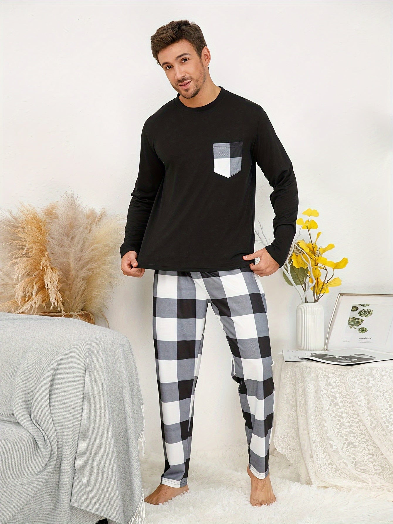 Polyester Long Sleeve Trousers Men's Pajama Set