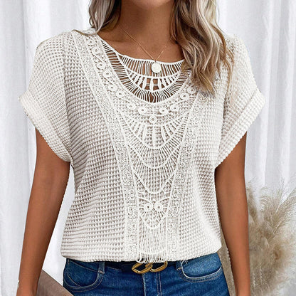 Women's Lace Splicing Crew Neck Top