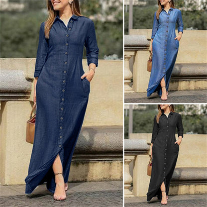 Women's Denim Maxi Dress With Pockets