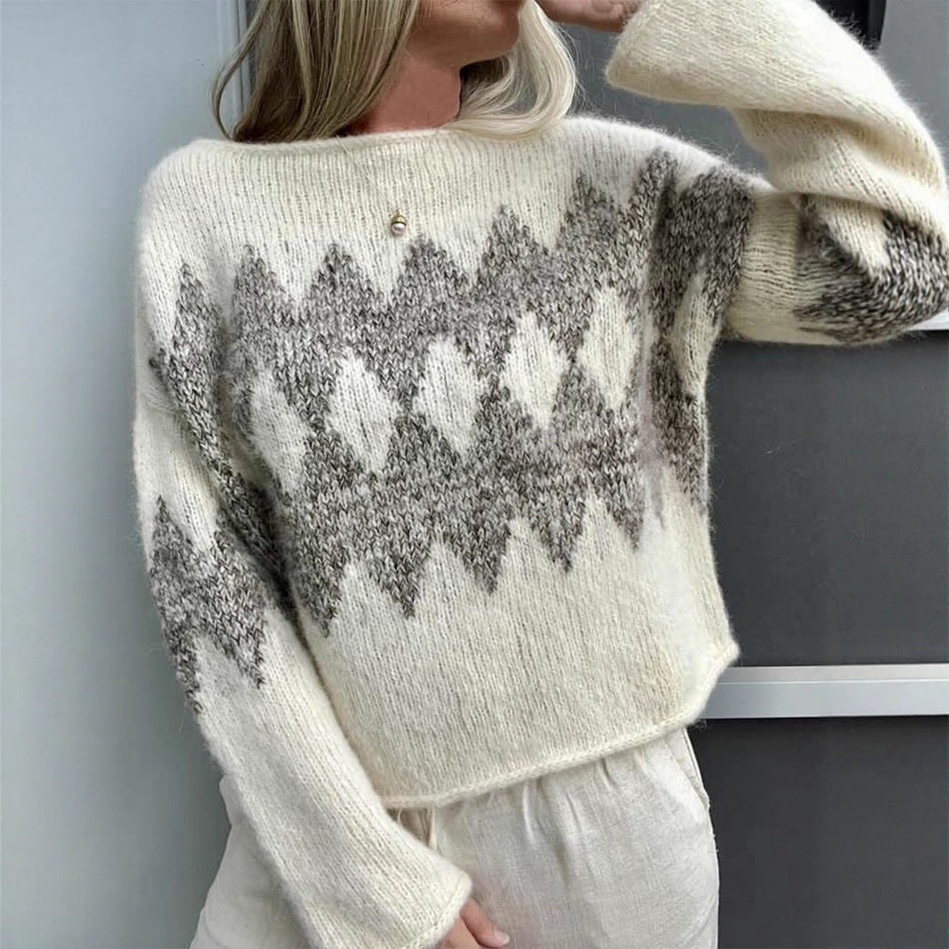 Casual Round Neck Jacquard Knitted Top