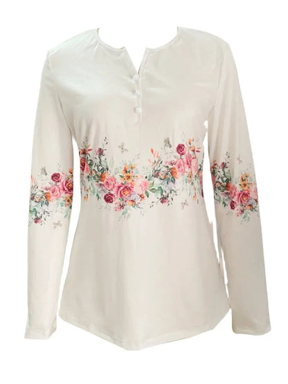 White Buttoned Rose Print Top