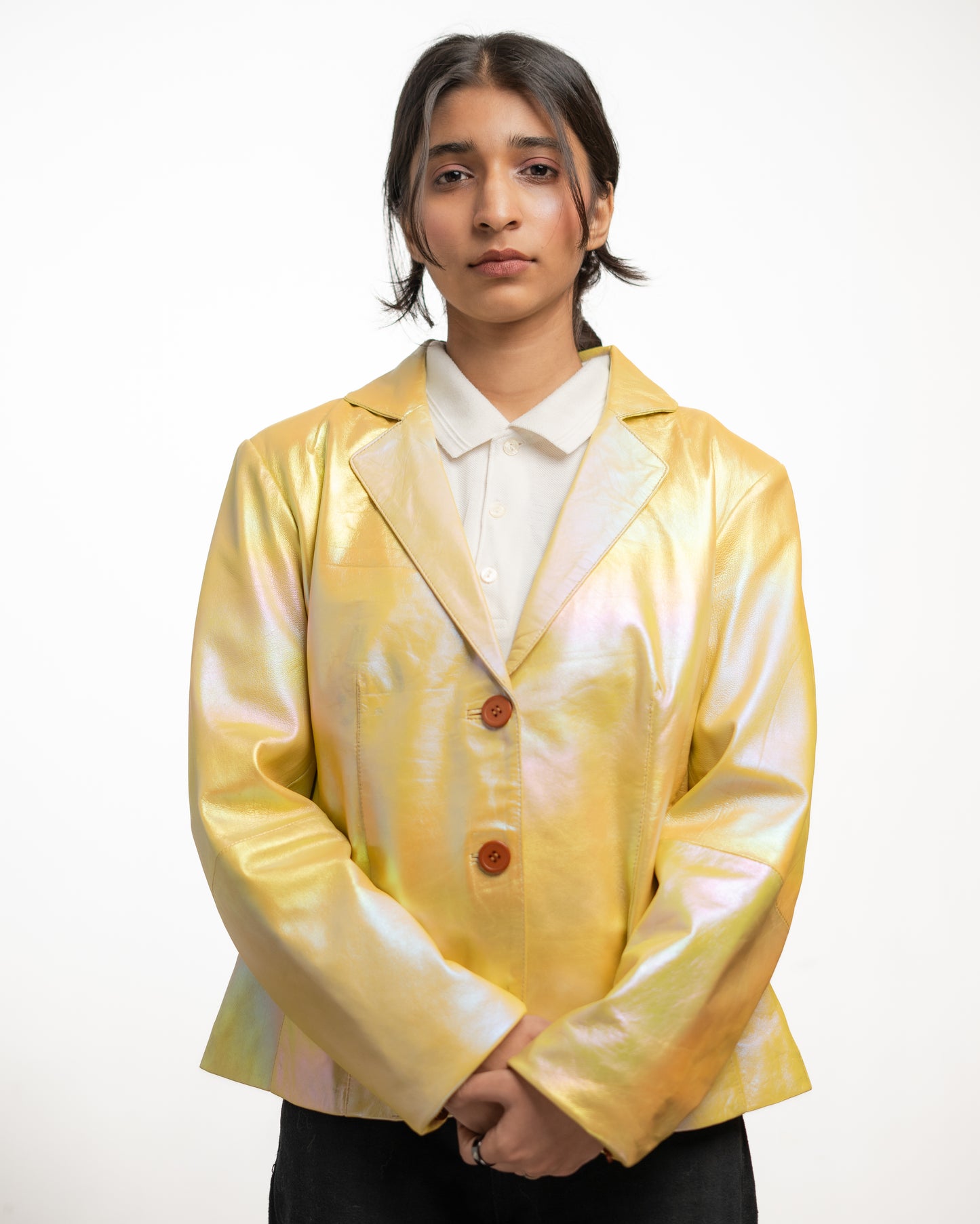 Iridescent Yellow Leather Blazer – Glossy Finish | Statement Fashion Jacket