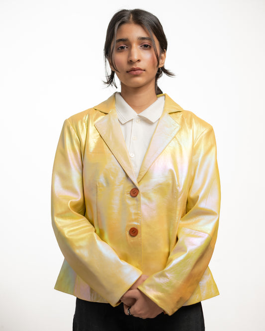 Iridescent Yellow Leather Blazer – Glossy Finish | Statement Fashion Jacket