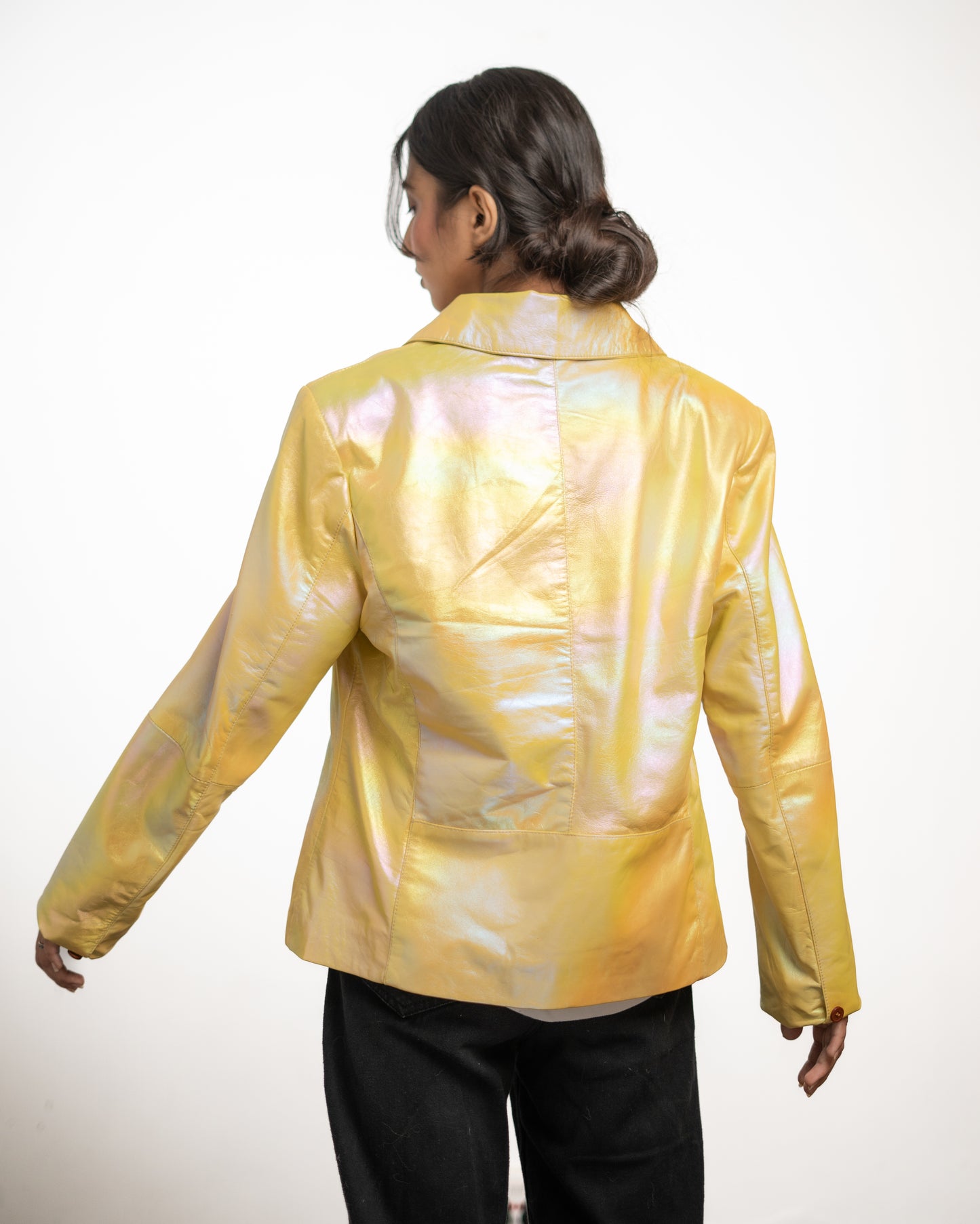 Iridescent Yellow Leather Blazer – Glossy Finish | Statement Fashion Jacket