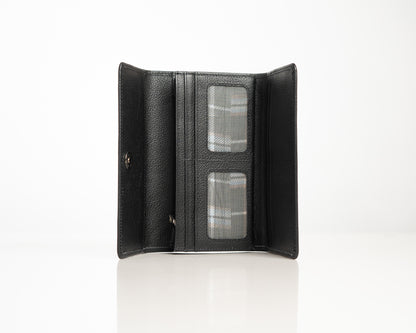 Elegant Black Leather Wallet – Vertical Trifold Design with Sleek Finish