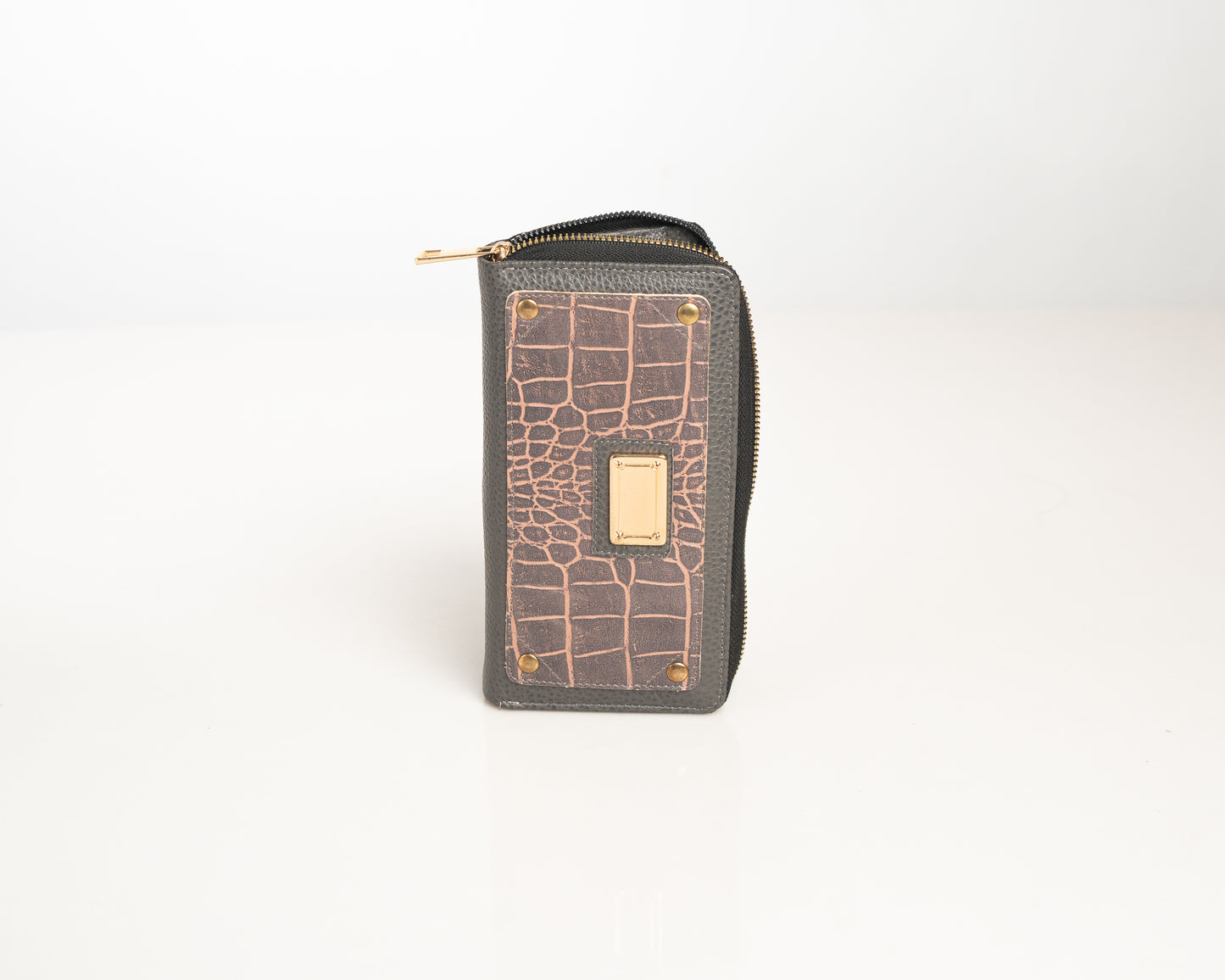 Luxury Croc-Textured Zip-Around Wallet – Dual Tone with Gold Accents