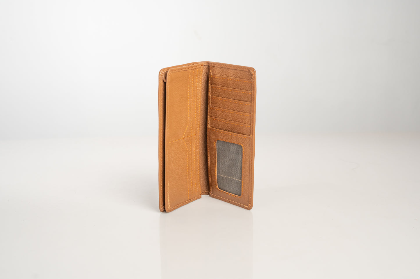 Premium Tan Leather Long Wallet with Multiple Card Slots & ID Window