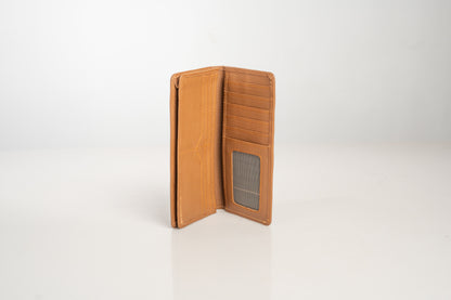 Premium Tan Leather Long Wallet with Multiple Card Slots & ID Window
