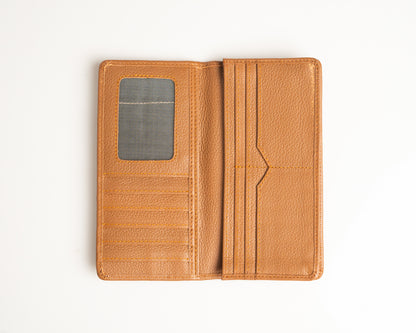 Premium Tan Leather Long Wallet with Multiple Card Slots & ID Window