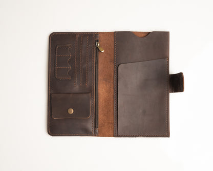 Premium Genuine Leather Long Wallet with Snap Closure - Classic Brown
