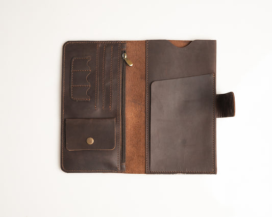 Premium Genuine Leather Long Wallet with Snap Closure - Classic Brown