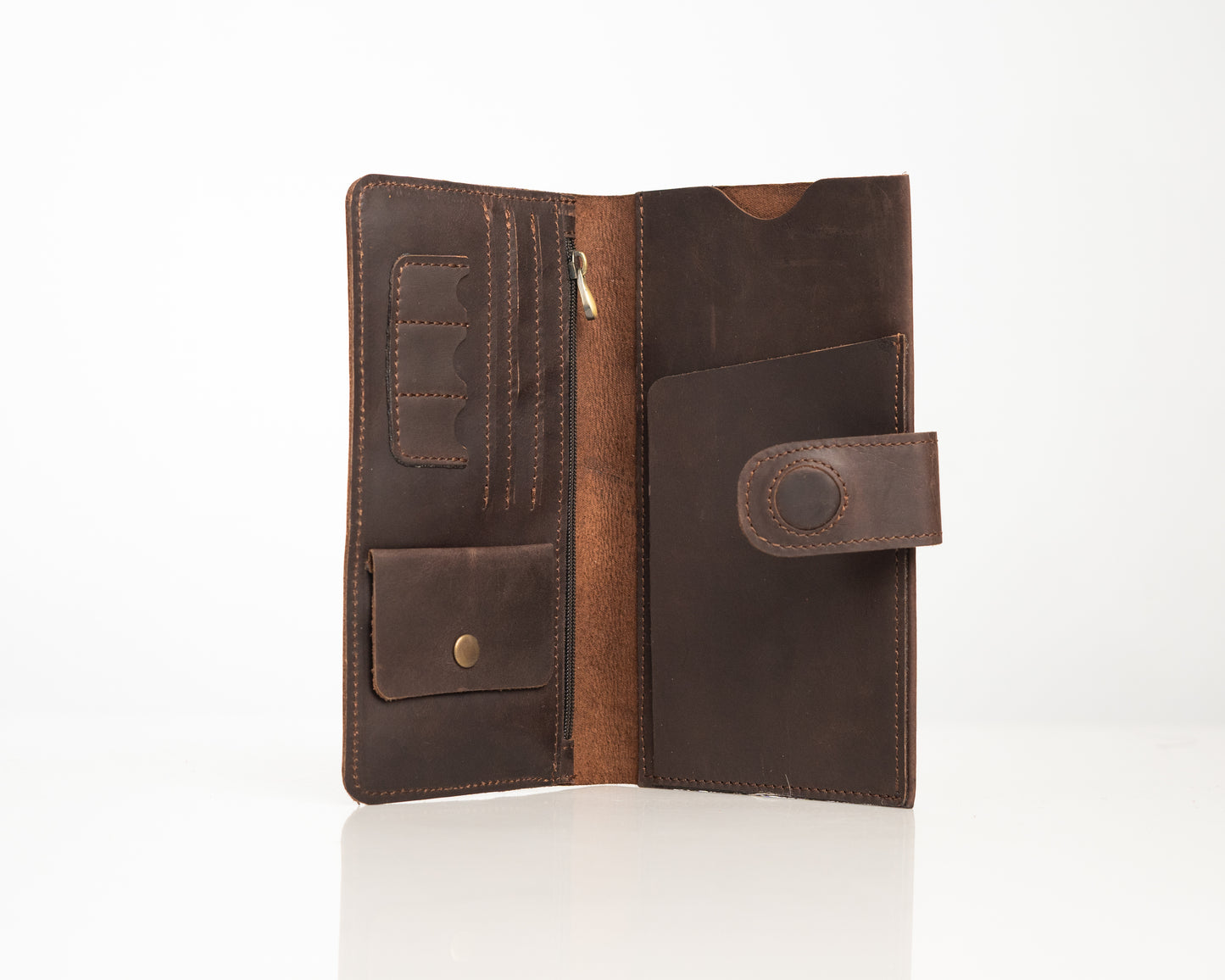 Premium Genuine Leather Long Wallet with Snap Closure - Classic Brown