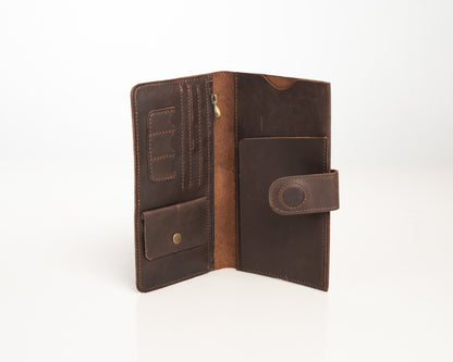 Premium Genuine Leather Long Wallet with Snap Closure - Classic Brown