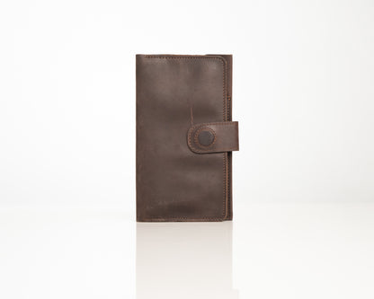 Premium Genuine Leather Long Wallet with Snap Closure - Classic Brown