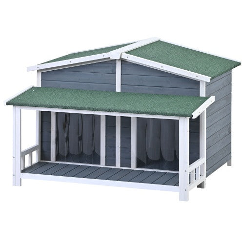GO 47.2 Large Wooden Dog House Outdoor With Porch, 2 Doors, Gray And Green