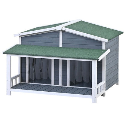 GO 47.2 Large Wooden Dog House Outdoor With Porch, 2 Doors, Gray And Green