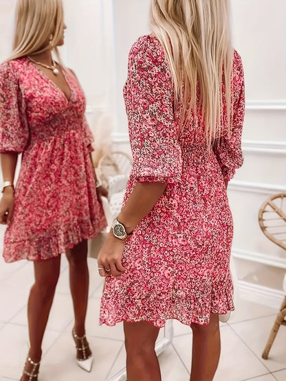 V-neck Printed Dress With Ruffled Sleeves