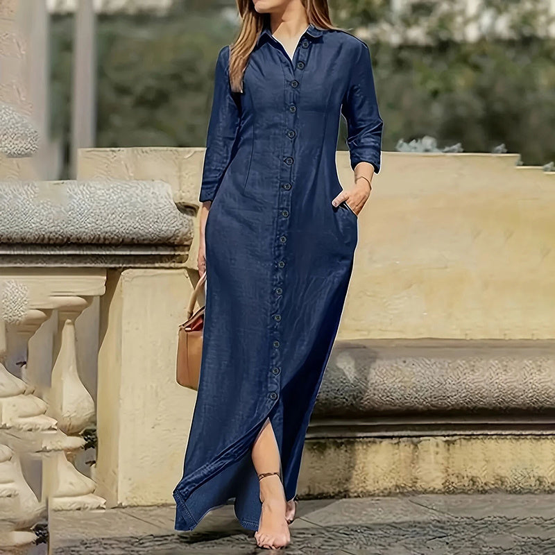 Women's Denim Maxi Dress With Pockets