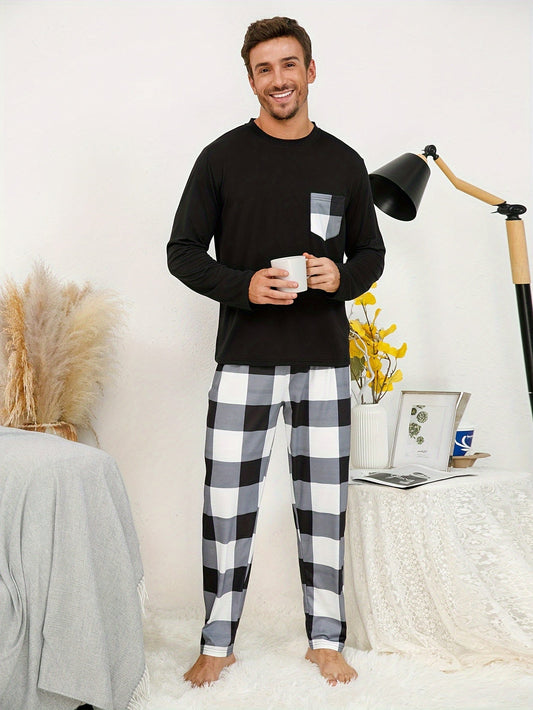 Polyester Long Sleeve Trousers Men's Pajama Set