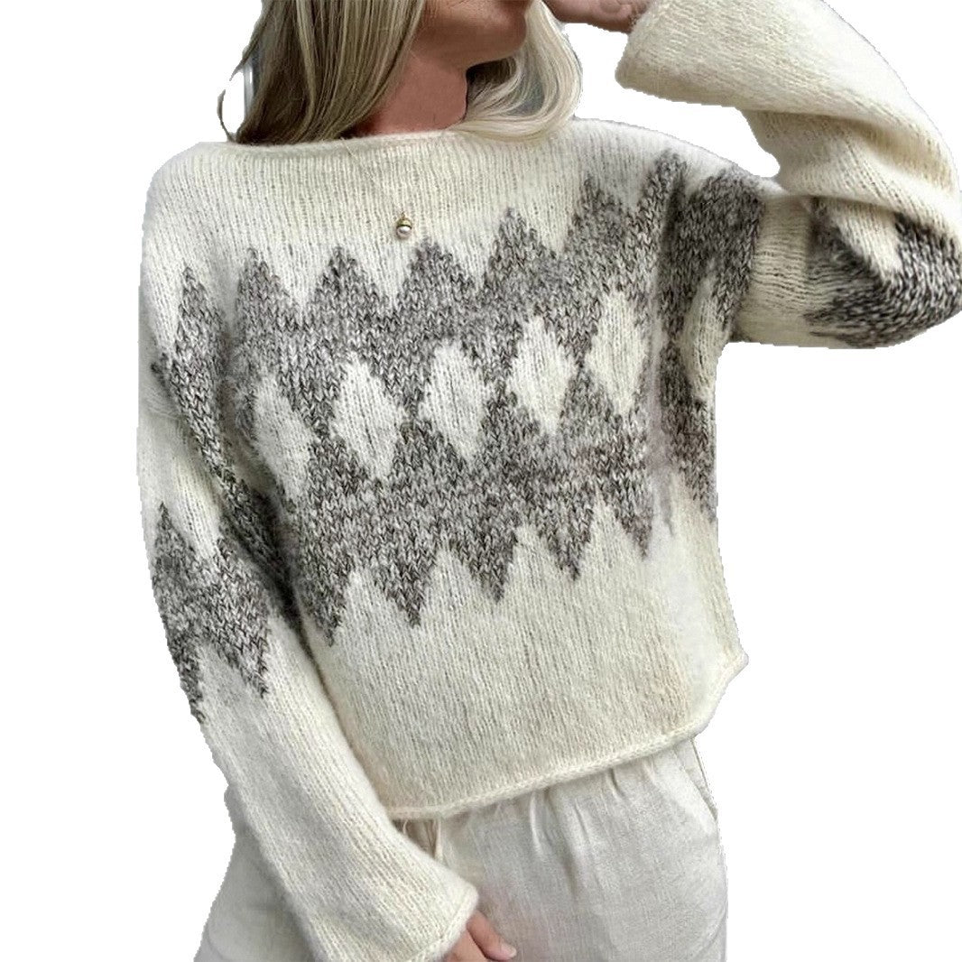 Casual Round Neck Jacquard Knitted Top